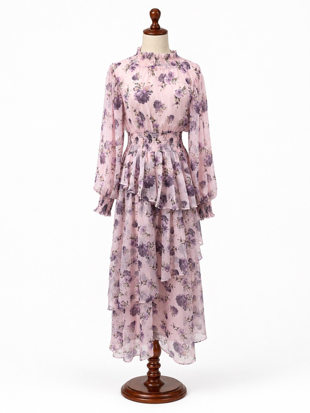 Batul The Collection floral tiered modest XS dress maxi dress chiffon PINK - Picture 2 of 12